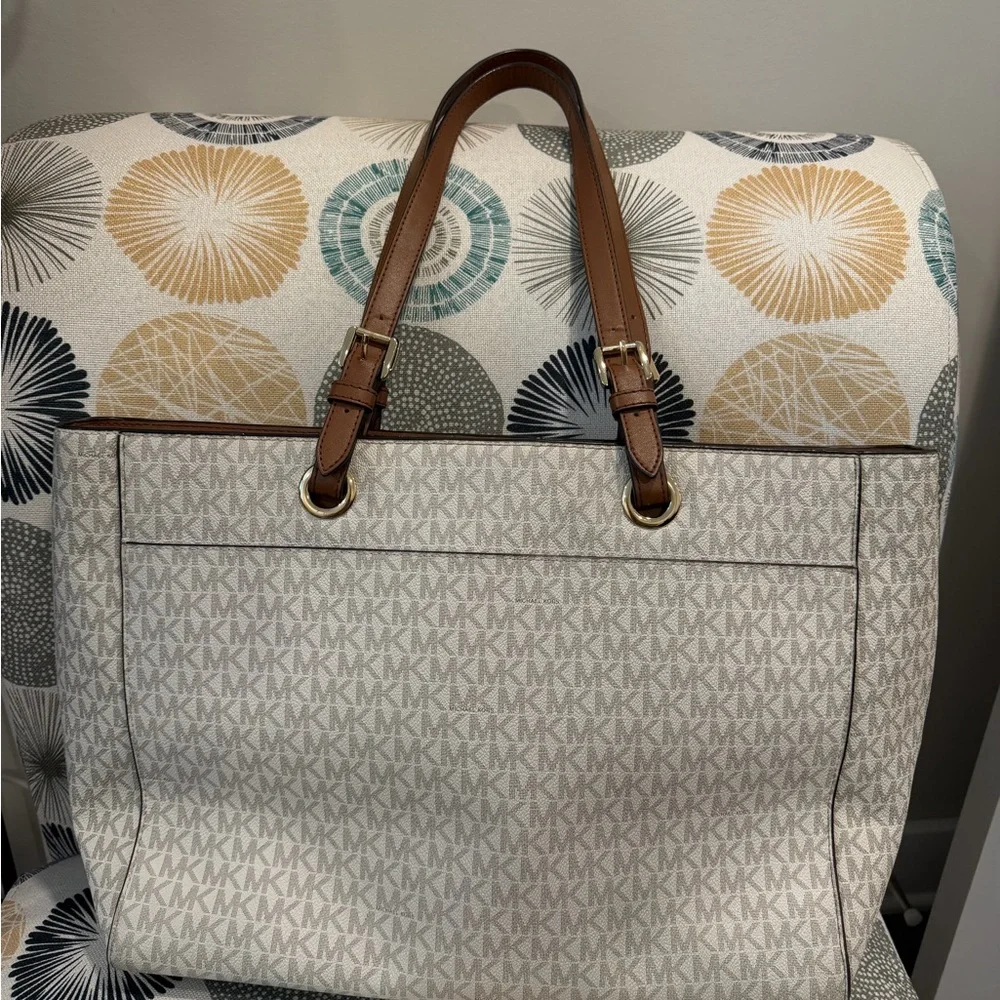 Michael Kors White Signature Tote with Brown Trim
